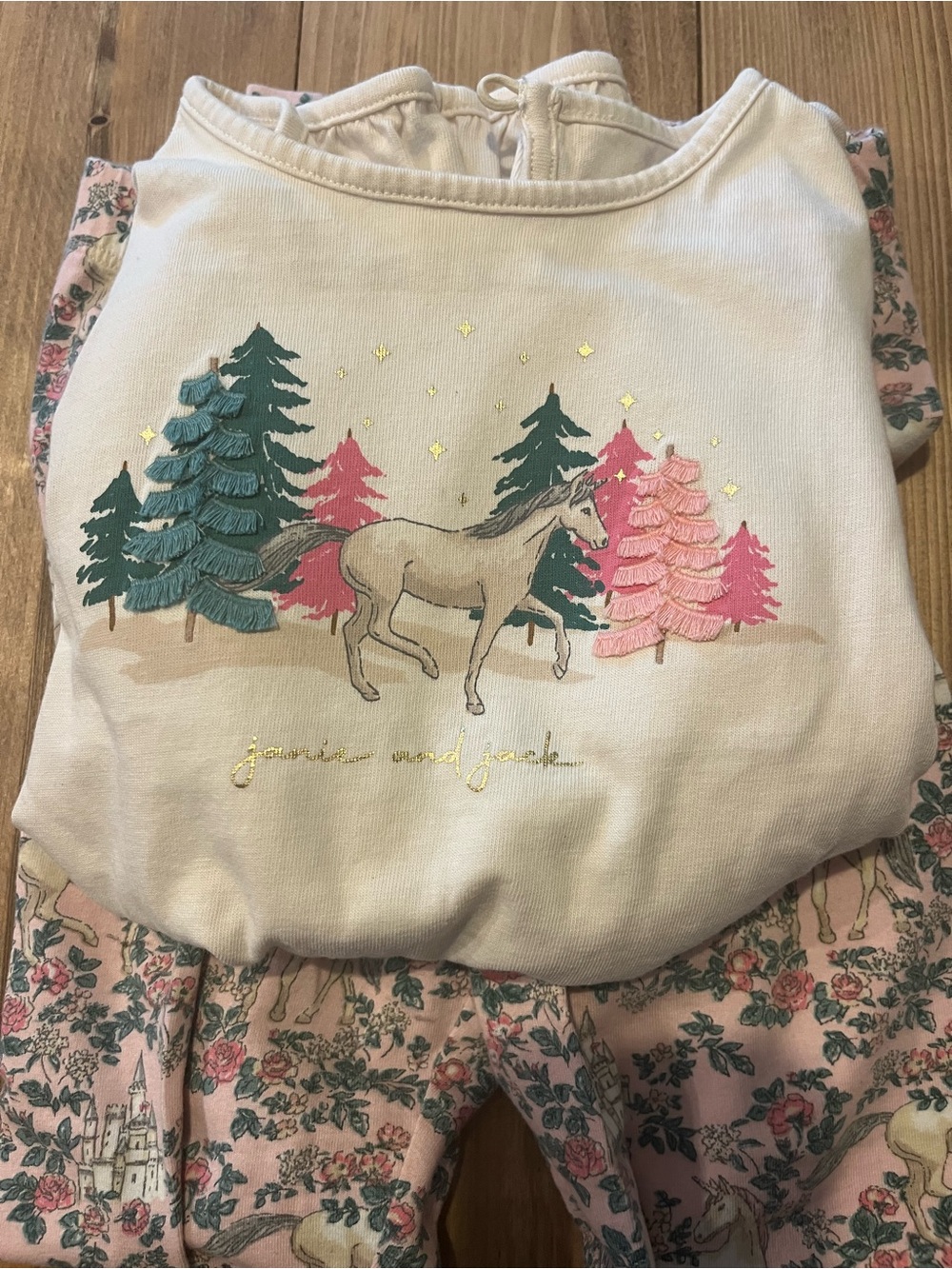Janie and Jack Cream Top with Teal and Pink Horse Forest Print Winter scene